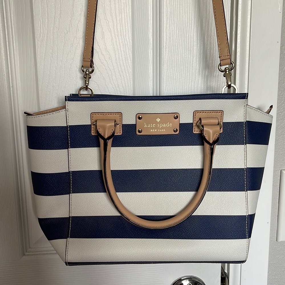 Kate spade blue and white cross body with tan straps